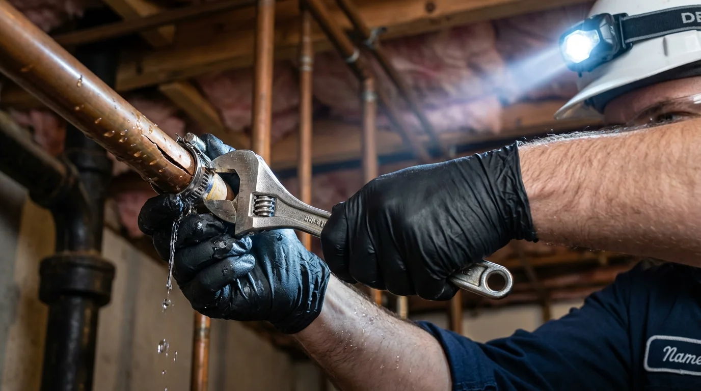 Emergency pipe clamp repair being performed by a Johns Plumbing LLC plumber in Derby
