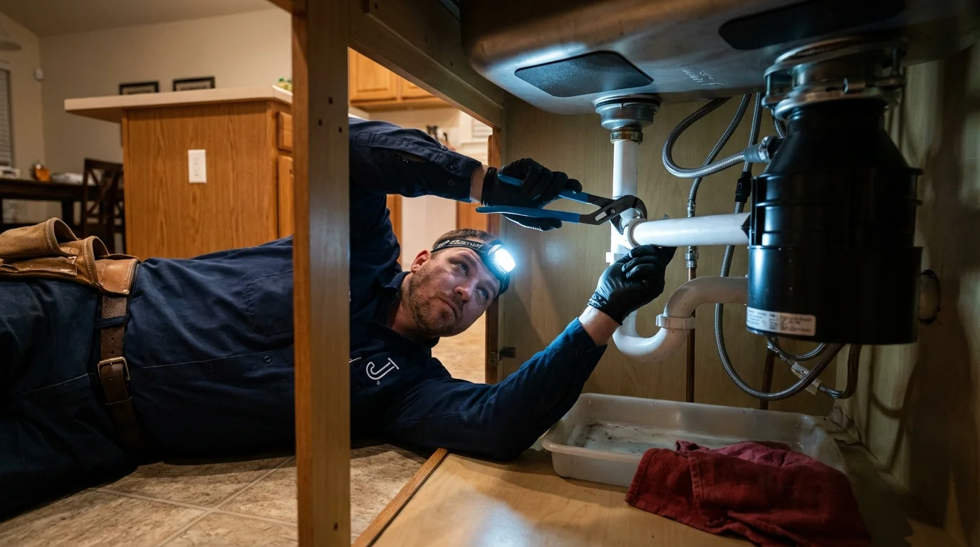 P-trap and supply line connections under a kitchen sink showing a common leak point in Derby, KS